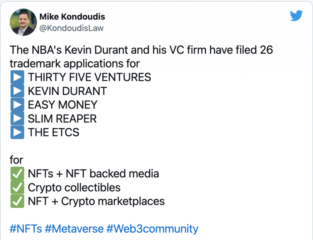 Kevin Durant jugador de baloncesto ha solicitado 26 patentes de